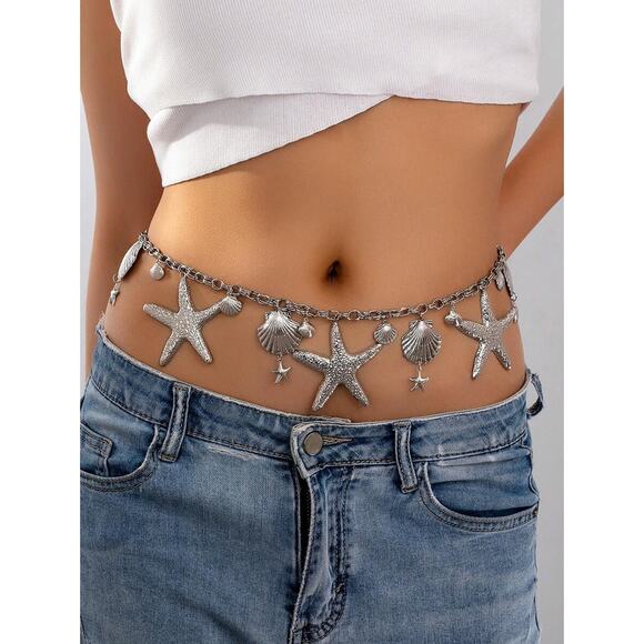 Silver Starfish & Beach Boho Fashionable Chic Seashell Waist Chain Belt - Picture 1 of 3